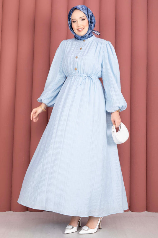 Robe modest fashion à manches ballon, demi-boutonnée, bleu bébé