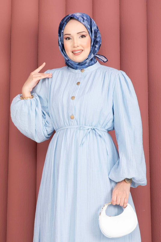 Robe modest fashion à manches ballon, demi-boutonnée, bleu bébé