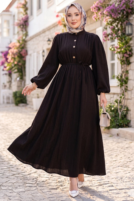 Robe modest fashion à manches ballon, demi-boutonnée, couleur café