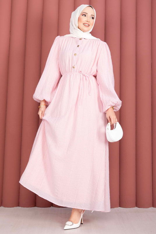 Ballonärmel Halbknopf Tesettür Kleid Rosa