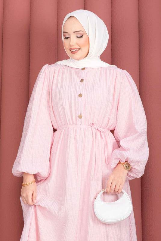 Ballonärmel Halbknopf Tesettür Kleid Rosa