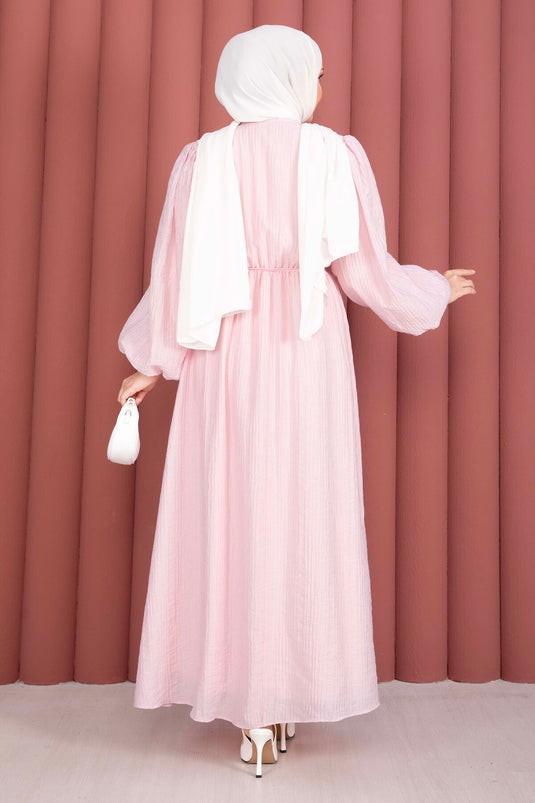 Ballonärmel Halbknopf Tesettür Kleid Rosa