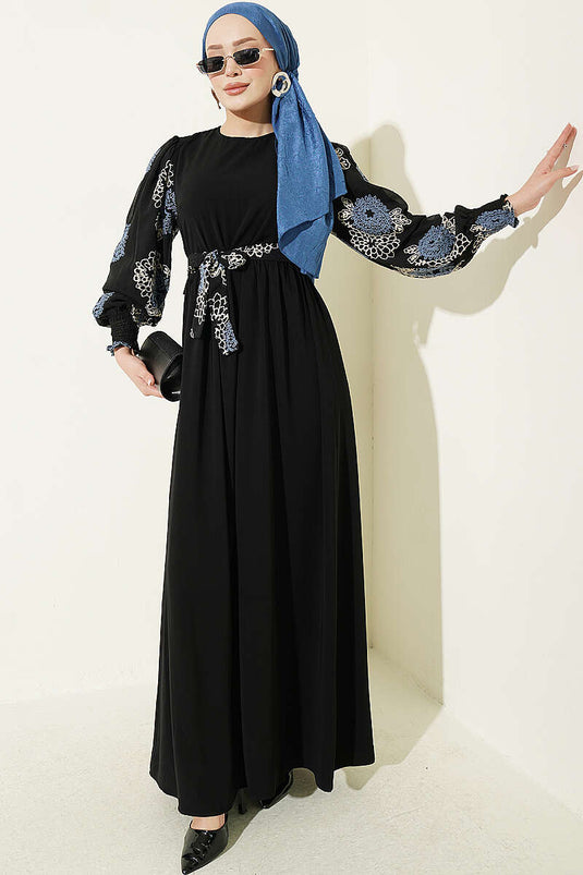Robe À Manches Ballon Brodée Indigo