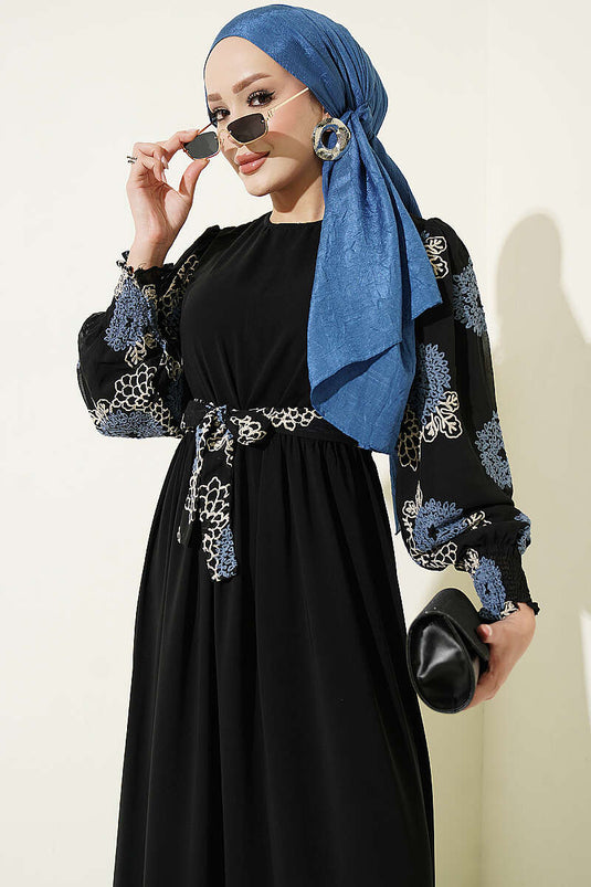 Robe À Manches Ballon Brodée Indigo