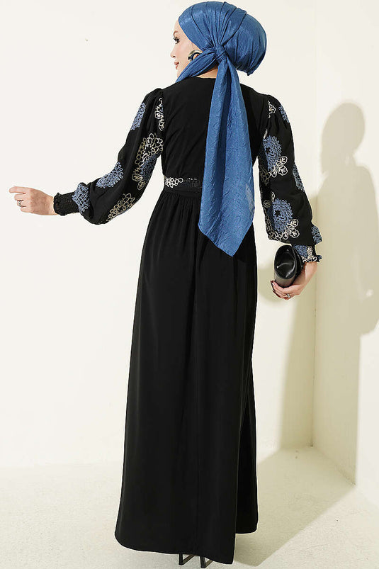 Robe À Manches Ballon Brodée Indigo