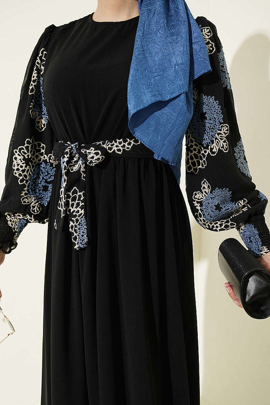 Robe À Manches Ballon Brodée Indigo
