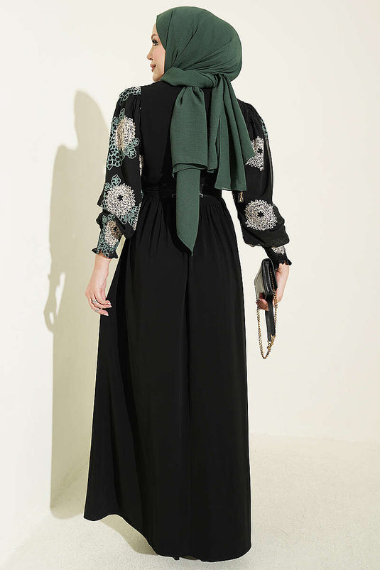 Robe Verte Brodée À Manches Ballon