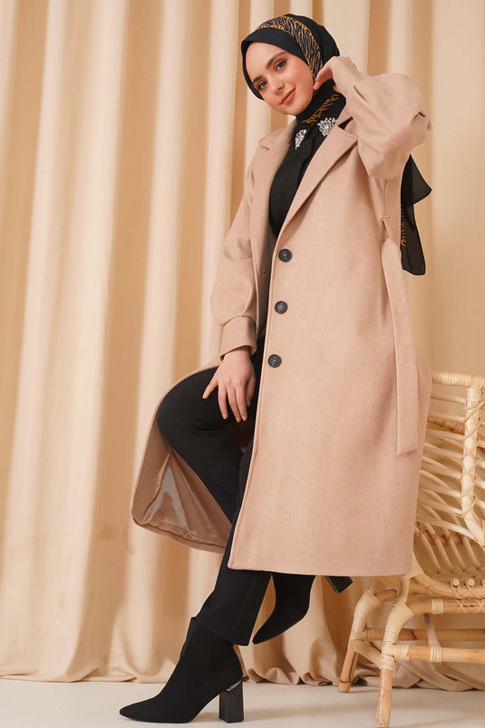 Manteau long en cachemire beige à manches ballon