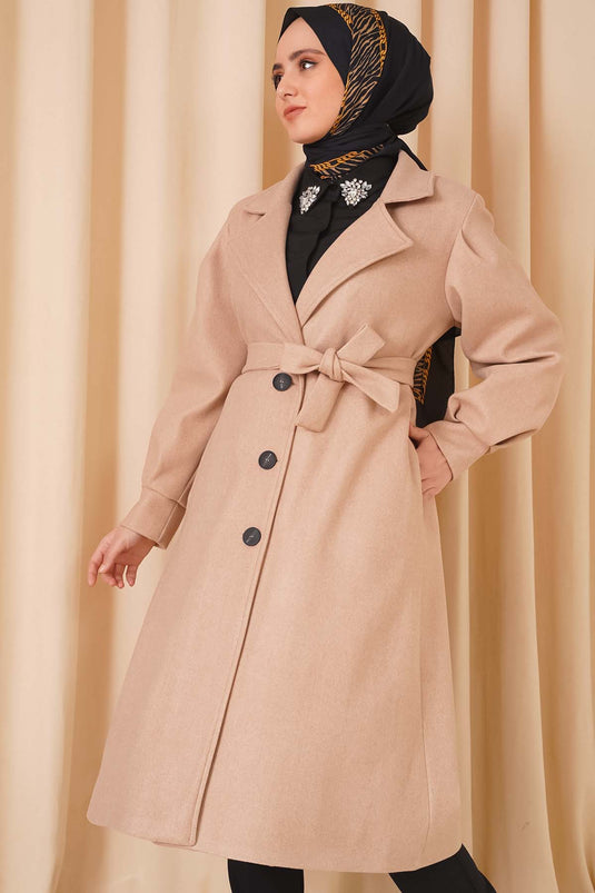 Manteau long en cachemire beige à manches ballon