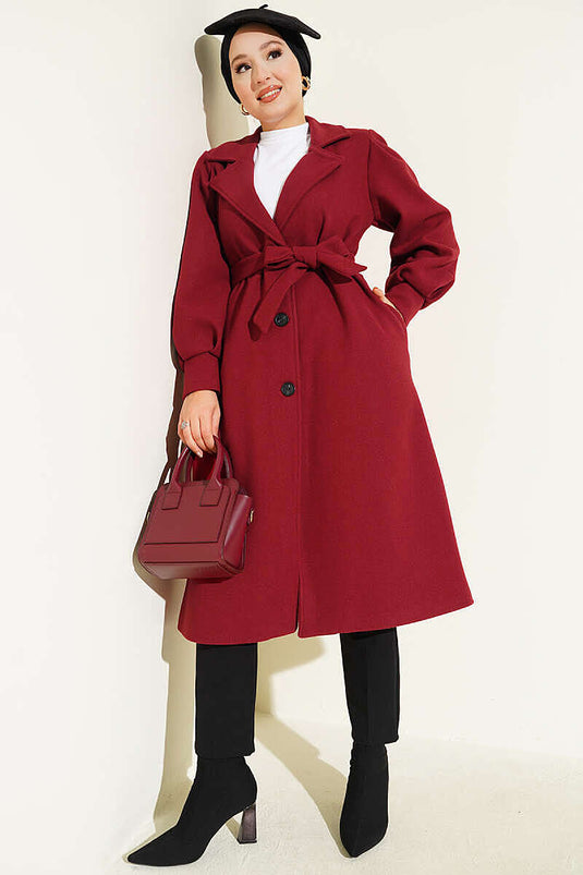 Balon Kollu Uzun Model Bordo Kaşe Kaban