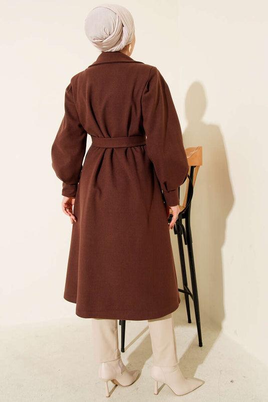 Balon Kollu Uzun Model Kestane Kaşe Kaban