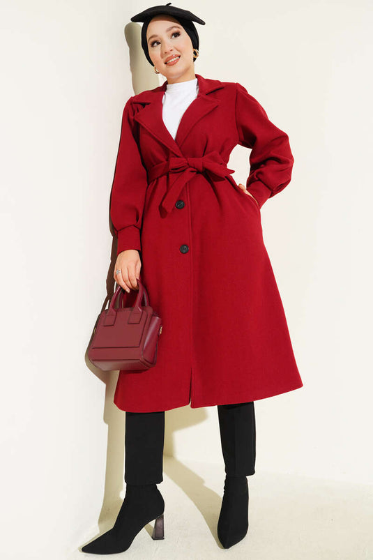 Balon Kollu Uzun Model Kırmızı Kaşe Kaban