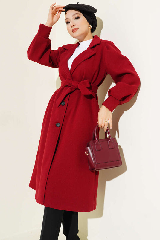 Balon Kollu Uzun Model Kırmızı Kaşe Kaban