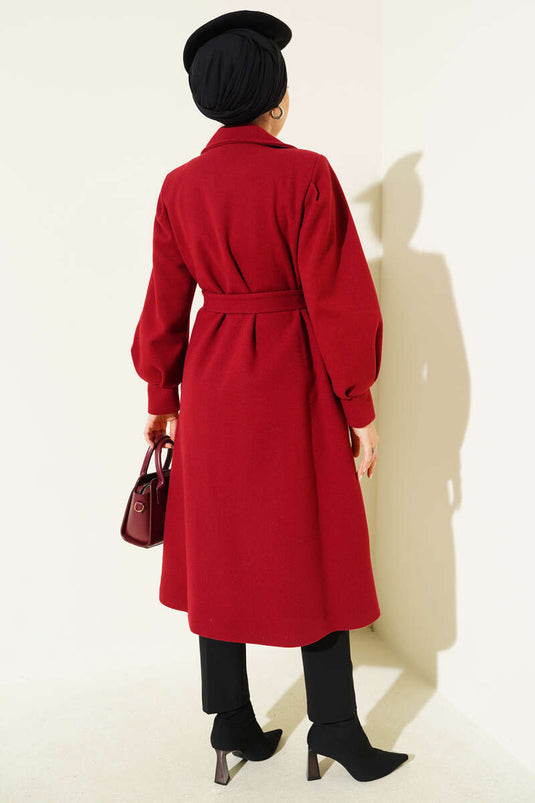 Balon Kollu Uzun Model Kırmızı Kaşe Kaban