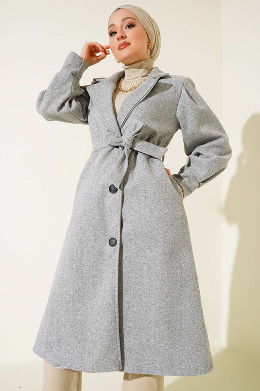 Balon Kollu Uzun Model Melanj Gri Kaşe Kaban