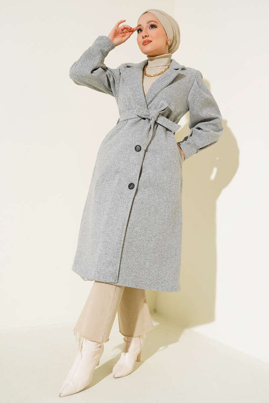 معطف كشمير رمادي مزيج بأكمام منفوخة وطويل