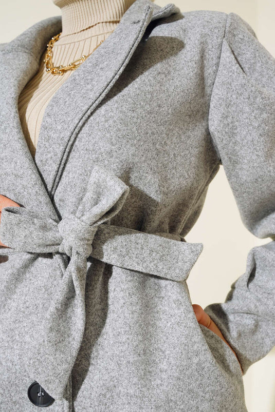 Balon Kollu Uzun Model Melanj Gri Kaşe Kaban