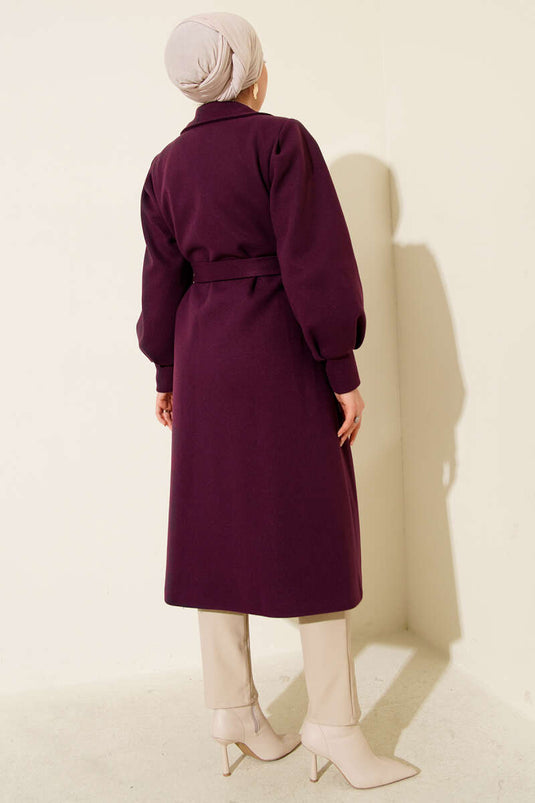 Balon Kollu Uzun Model Mor Kaşe Kaban