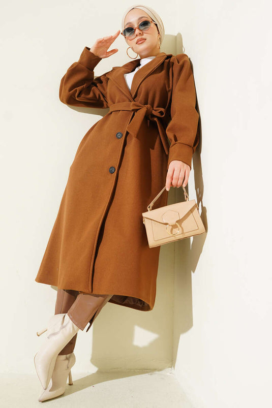 Balloon Sleeve Long Model Tan Cashmere Coat