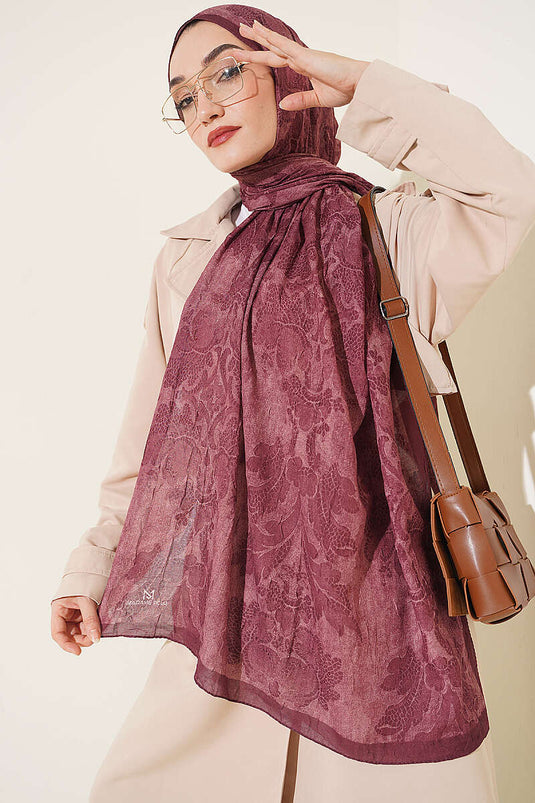 Barok Desen Bambu Kraş Şal Bordo