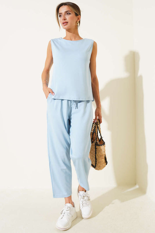 Basic Bel Lastikli Bluzlu İkili Takım Bebe Mavi