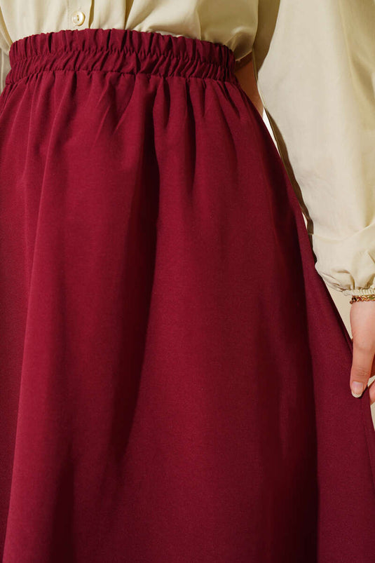 Basic Beli Lastikli Etek Bordo