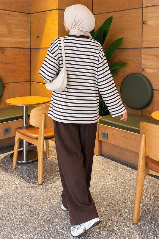 Basic Bisiklet Yaka Çizgili Tunik Kahve
