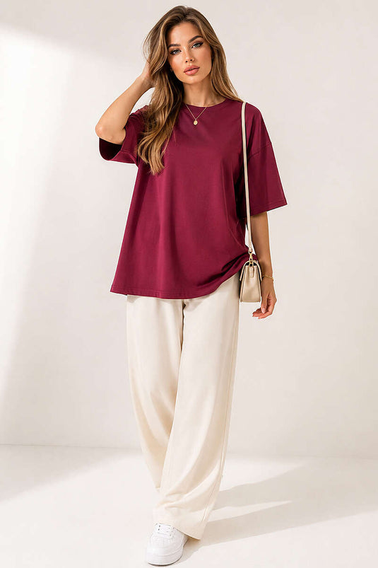 Basic Bisiklet Yaka Detaylı T-shirt Bordo