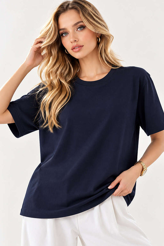 Basic Bisiklet Yaka Detaylı T-shirt Lacivert