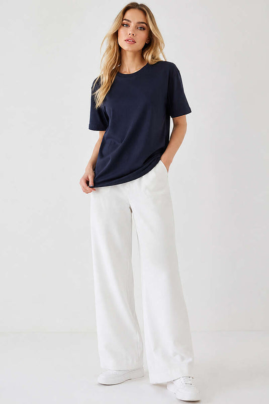Basic Bisiklet Yaka Detaylı T-shirt Lacivert