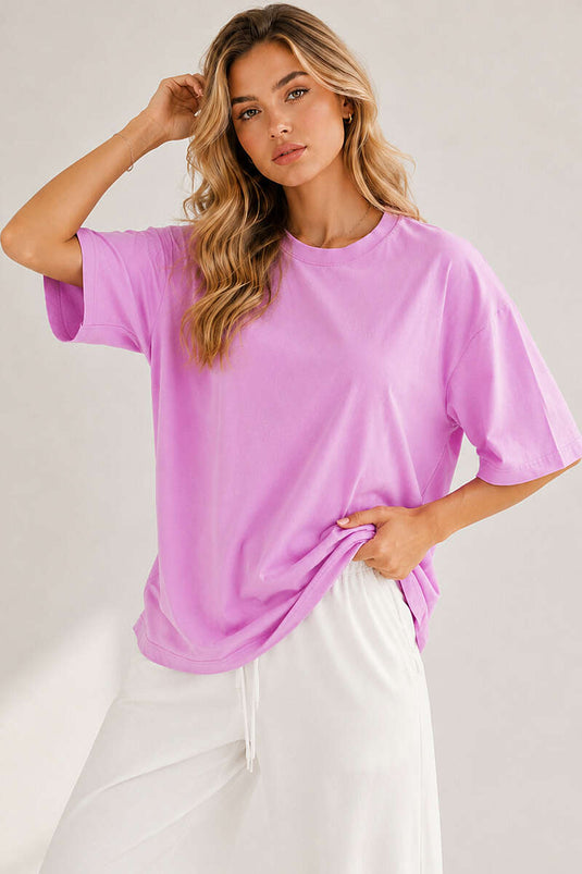 Basic Bisiklet Yaka Detaylı T-shirt Lila