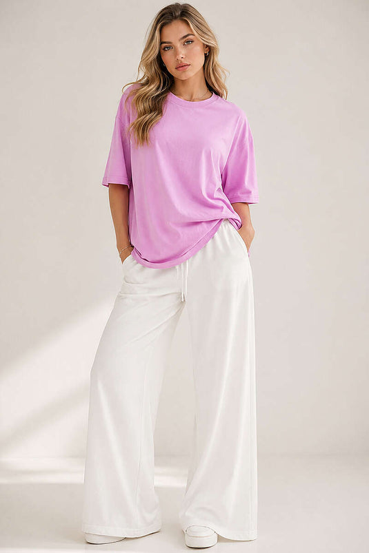 Basic Bisiklet Yaka Detaylı T-shirt Lila