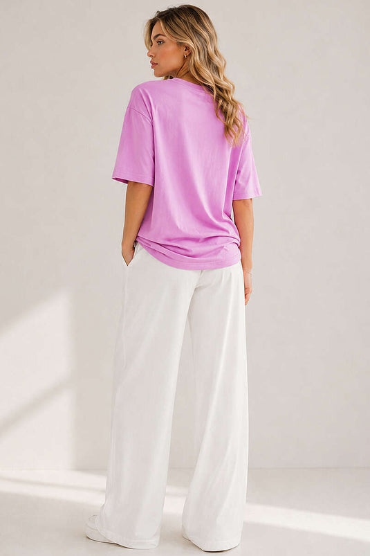 Basic Bisiklet Yaka Detaylı T-shirt Lila