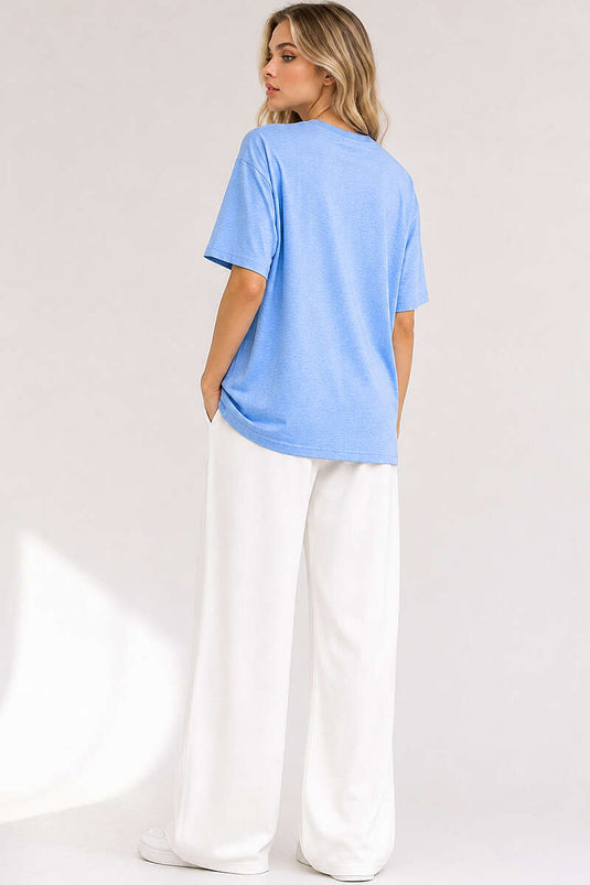 Basic Bisiklet Yaka Detaylı T-shirt Mavi