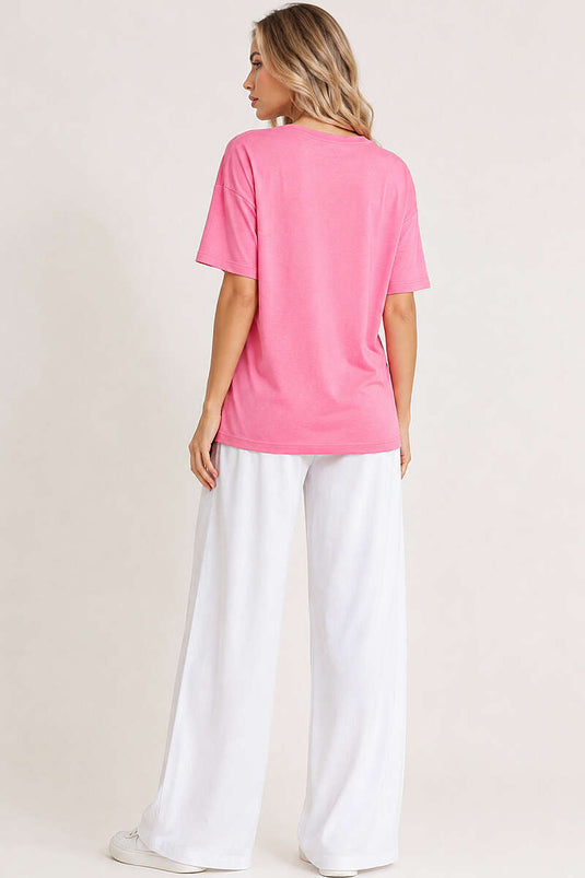 Basic Bisiklet Yaka Detaylı T-shirt Pembe