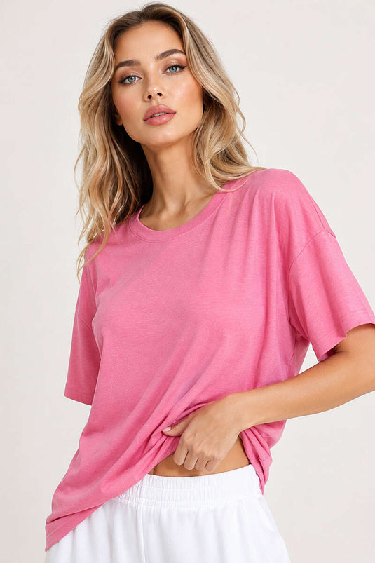 Basic Bisiklet Yaka Detaylı T-shirt Pembe