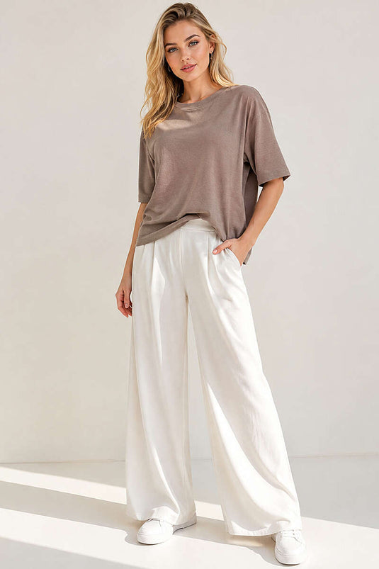 Basic Bisiklet Yaka Detaylı T-shirt Vizon