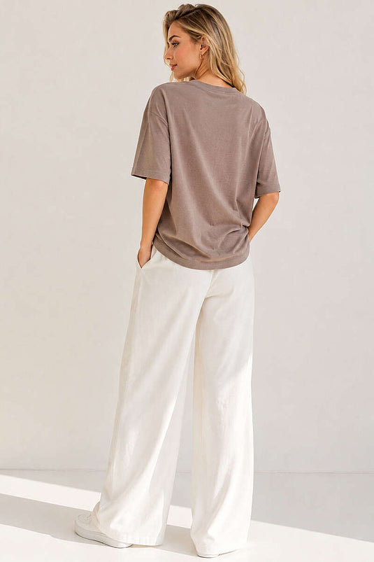 Basic Bisiklet Yaka Detaylı T-shirt Vizon