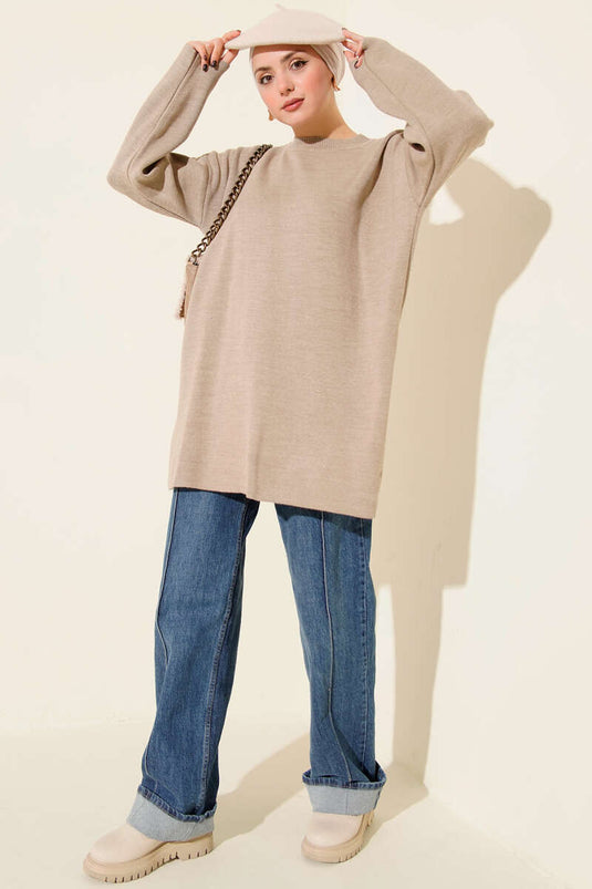 سترة أساسية محبوكة سادة برقبة دائرية، لون المنك