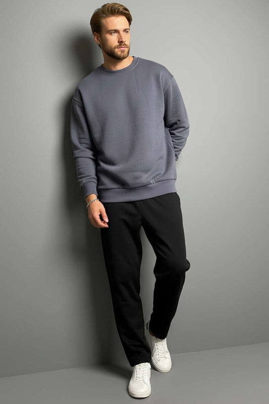 Basic Bisiklet Yaka Erkek Sweatshirt Füme