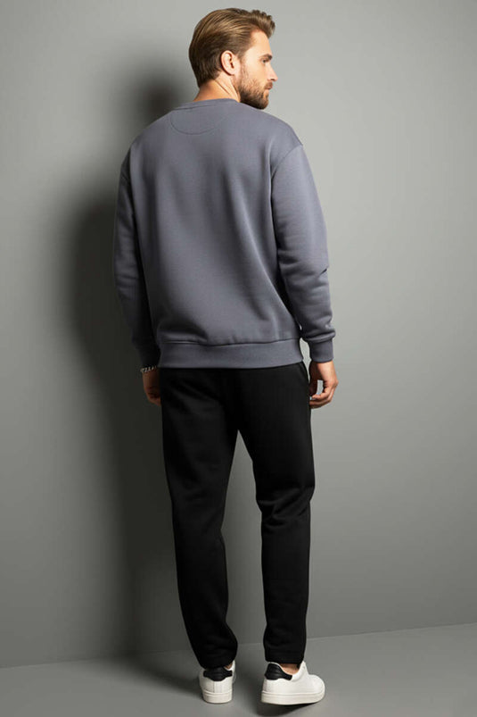 Basic Bisiklet Yaka Erkek Sweatshirt Füme