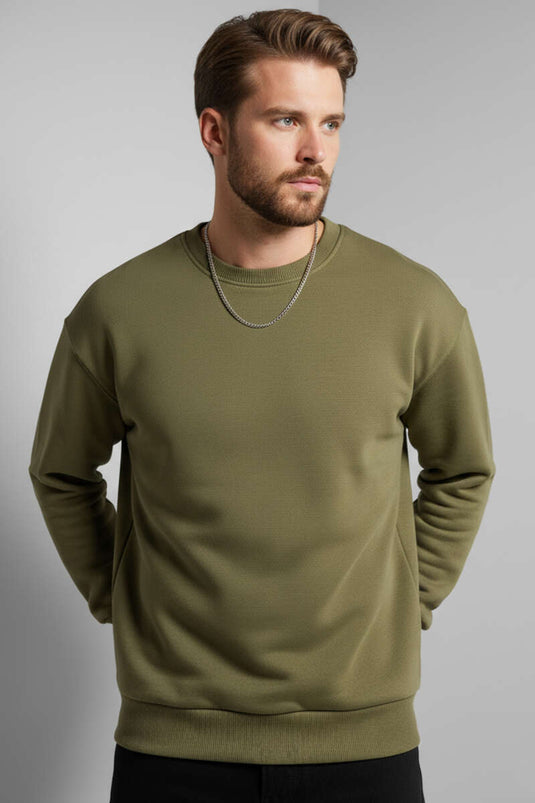 Sweat-shirt basique à col rond pour homme, kaki