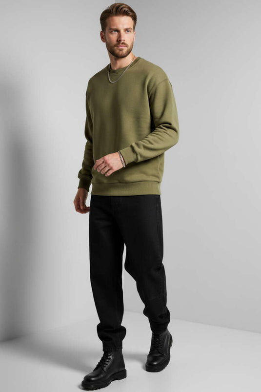 Basic Bisiklet Yaka Erkek Sweatshirt Haki