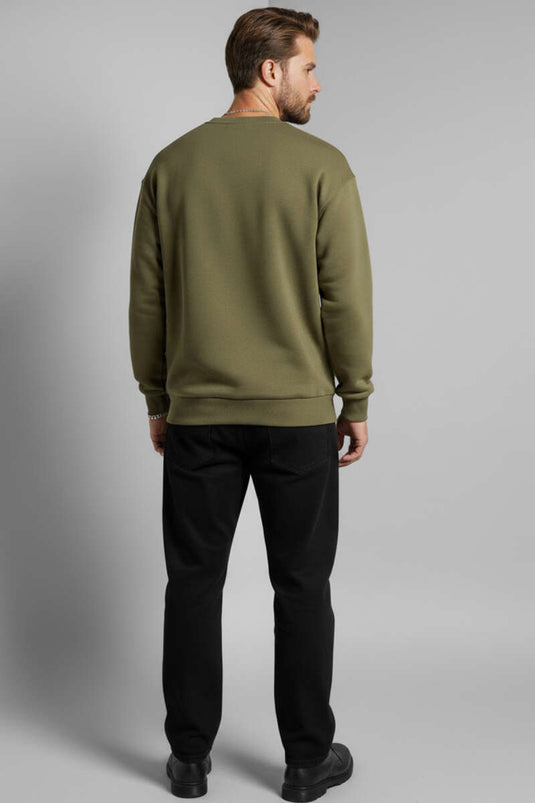 Basic Bisiklet Yaka Erkek Sweatshirt Haki