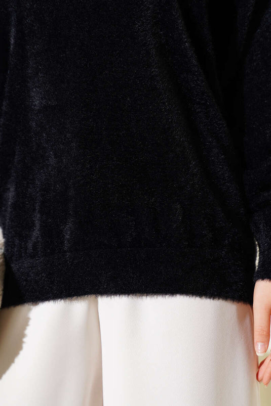 Basic Crew Neck Bearded Sweater Black