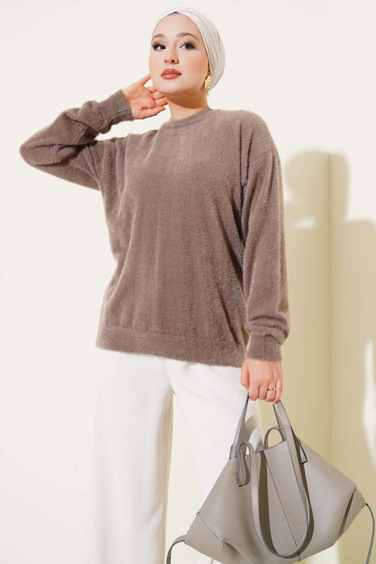 Basic Crew Neck Bearded Sweater Mink
