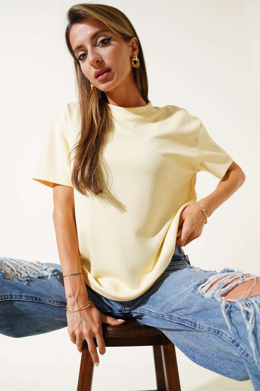 Basic Bisiklet Yaka T-shirt Sarı