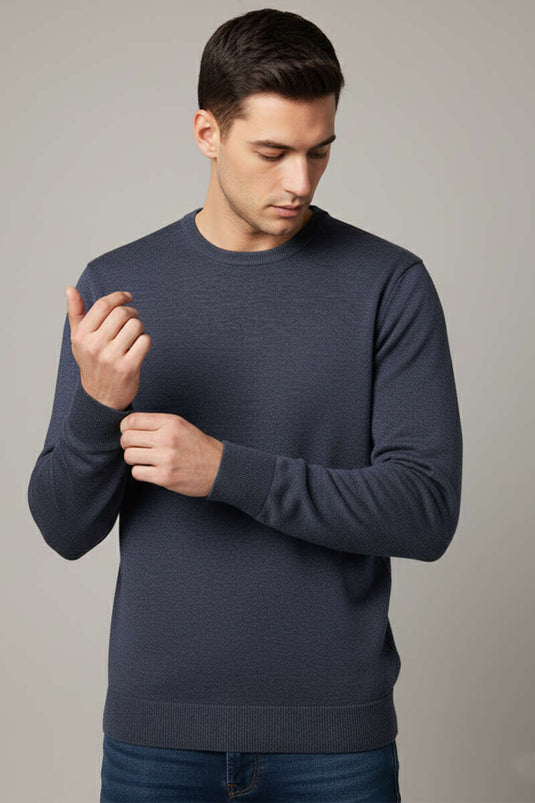 كنزة رجالية أساسية محبوكة برقبة دائرية، لون نيلي