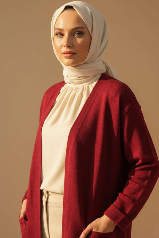 أساسي ذو جيوب مزدوجة، كارديغان محبوك طويل - بوردو