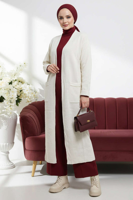 أساسي ذو جيبين سترة محبوكة طويلة بلون إيكرو